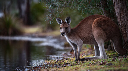 Naklejka premium Alert Kangaroo Standing Near Water in Natural Habitat Australia Wildlife