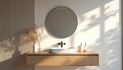 Minimalist bathroom features floating wood vanity, white vessel sink, round mirror. Natural light creates serene sunlit shadows. Neutral beige, wood tones evoke calm, clean, modern spa atmosphere