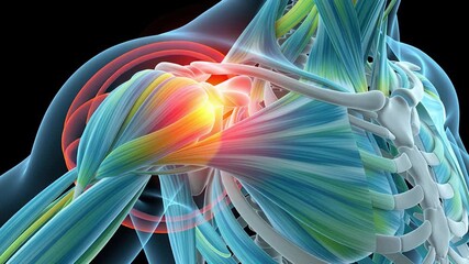 Medical illustration of human shoulder pain showing inflamed muscles and joints with highlighted anatomical structures.