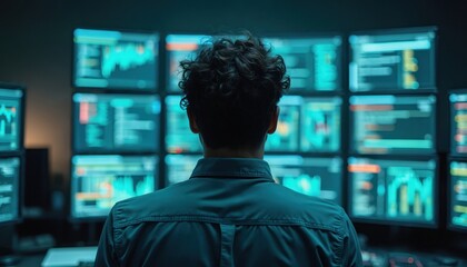 IT technician analyzing data on multiple screens in high-tech control room. He focuses on complex systems, checking connectivity, programming, software performance for issue resolution, optimization.