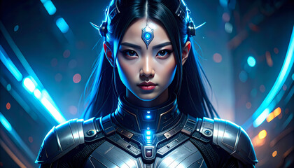 Powerful futuristic asian woman warrior in glowing blue sci fi armor with determined expression. High tech background shows cyberpunk concept with neon light and technology