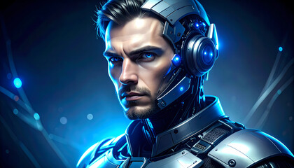 Serious futuristic cyborg man wearing advanced technology armor. portrait of soldier from science fiction with determined expression, surrounded by glowing blue light