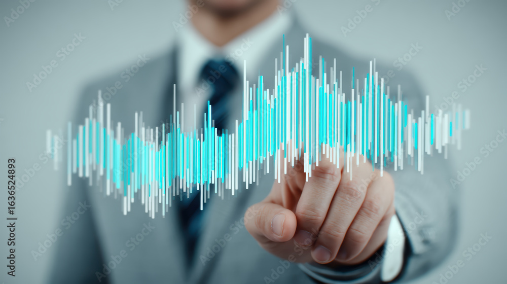 Poster businessman pointing digital sound wave graph with futuristic style