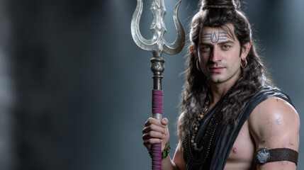 Lord Krishna holding trident with spiritual markings and long hair
