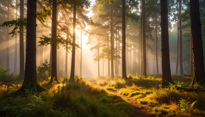 Peaceful forest with golden morning sunlight. beautiful path winds through wood as sunbeam and light create serene and magical nature landscape with tranquil scenery
