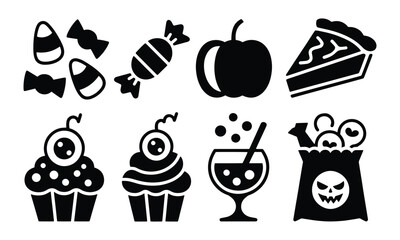 Halloween Vector Illustration Set &ndash; Candy Corn, Wrapped Candy, Caramel Apples, Pumpkin Pie, Spooky Cupcake, Potion & Trick-or-Treat Bag in Black Silhouette