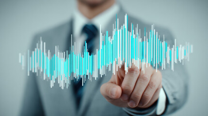 Businessman pointing digital sound wave graph with futuristic style