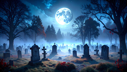 Spooky graveyard at night under full moon. This eerie cemetery landscape is filled with tombstones and graves, creating scary, horror, and gothic halloween scene with fog