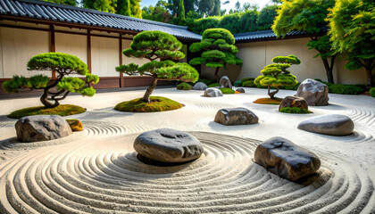 Tranquil Japanese zen garden with raked sand and rock for peaceful meditation. serene scene with small tree creates feeling of balance and perfect harmony in nature