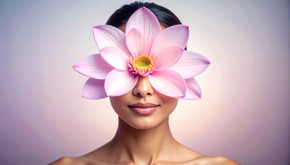 Serene young woman with calm smile holds pink lotus flower over her eye. concept of beauty, spa, wellness, skincare, and natural femininity on soft background