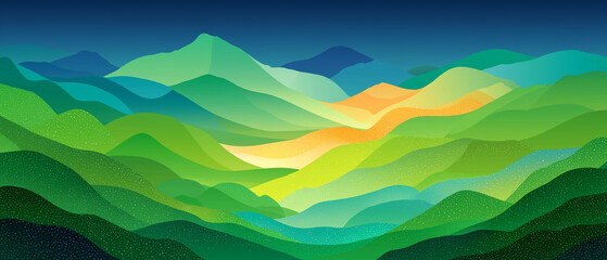 Obraz premium Emerald Peaks: Abstract Landscape: An abstract artwork showcases rolling green hills beneath a twilight sky.