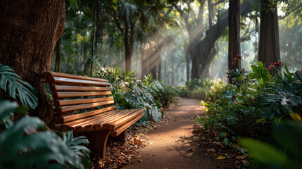 Wooden bench in peaceful forest with sunlight rays