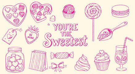 Valentine Candy Icon Set. Pink hand drawn vector illustration of chocolate and sweets. 