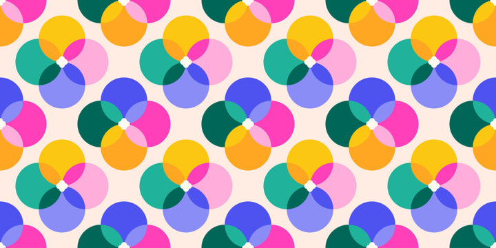 Seamless colorful geometric flower pattern in overlapping circles, abstract vector background