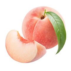 Fresh ripe peach and luscious juicy slice with green leaf isolated on white background for summer