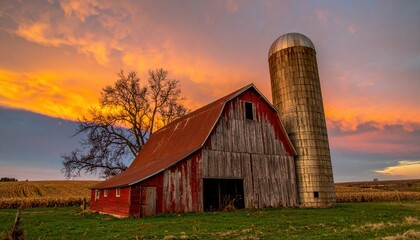 Obraz premium Barn and Silo with Sunset Sky