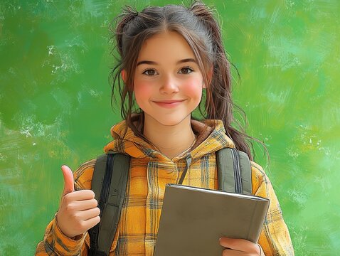"Smiling Schoolgirl with Backpack and Notebook, Thumbs Up, Ideal for Educational and Youth - Themed Projects"