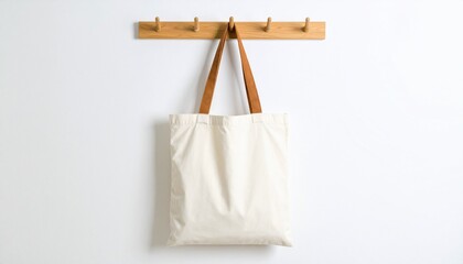 Blank cream canvas tote bag with elegant brown leather handles, stylishly displayed on a wooden wall hook against a bright neutral backdrop, perfect for custom design mockups
