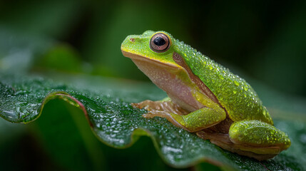 Obraz premium Close Up of a Green Tree Frog Covered in Water Droplets on a Leaf