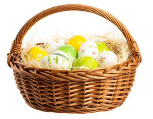 Bright Multicolored Easter Eggs in Rustic Woven Basket