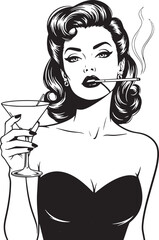 Pop art vector illustration of glamorous woman smoking and drinking martini 