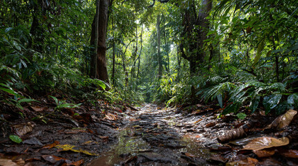 Fototapeta premium Lush Greenery and Sunlight Filtering Through a Tropical Rainforest Path