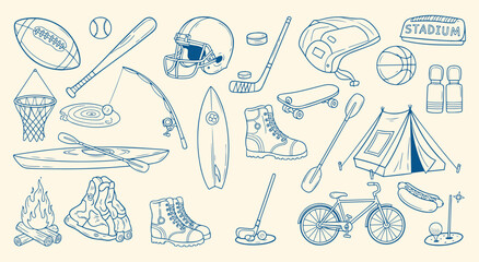 Sports Icon Set. Blue line art vector illustration of various sports and outdoor activities. Hand drawn doodle clipart of football, basketball, and camping for recreation and hobby design.