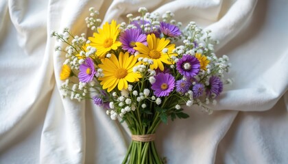 Obraz premium Freshly picked colorful wildflower bouquet featuring yellow daisies, purple asters accented by delicate baby breath. Arranged on white linen cloth, vibrant natural composition evokes spring, summer.