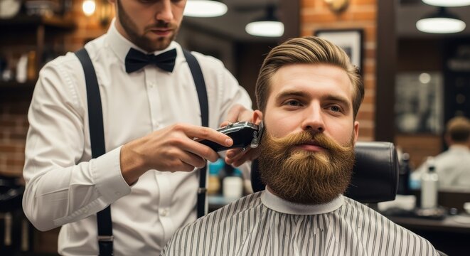 Barber trimming a bearded man's beard with electric clippers in a modern barbershop, showcasing male grooming, style, and self-care.

