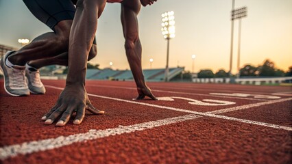 Photo of closeup of an athletes hands and feet at the starting line on a red running track, ready for a race at sunset