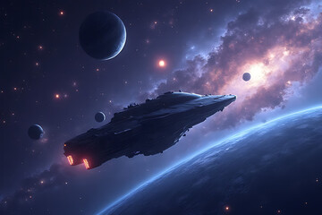 A colossal futuristic spaceship with glowing red engines navigates through a vibrant nebula filled with distant planets and asteroids showcasing the vastness and beauty of deep space exploration