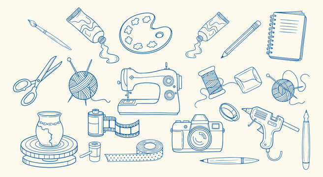 Arts and Crafts Icon Set. Blue hand drawn vector illustration of creative hobby supplies. Doodle clipart of painting, sewing, and photography tools for workshop and DIY design. Art graphic.