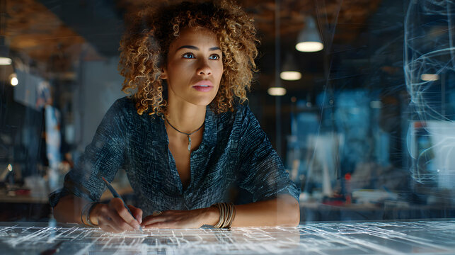 Female software engineer working on futuristic augmented reality interface, developing innovative technology in a dark high tech office