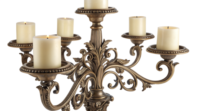 Photo of an ornate antique bronze candlestick with five lit candles, isolated on transparent background - Powered by Adobe
