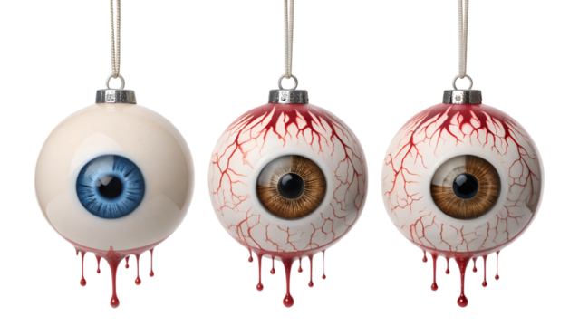 Photo of three creepy eyeball ornaments dripping blood, isolated on transparent background, perfect for halloween decorations and spooky themes