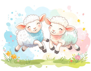 Naklejka premium Playful Baby Sheep Friends in Farm Scene