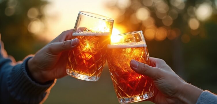 Two hands clink glasses filled with amber beer in warm sunset light. Friends celebrating, toasting with frothy drinks during summer party wedding event. Enjoying alcoholic beverages outdoors creates