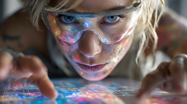 Scientist working on futuristic touchscreen interface with glowing face paint