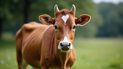 Close-up of a brown cow in a grassy field.