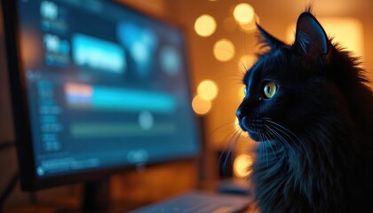 Black cat sits by computer screen with video editing software. Soft bokeh lights create cozy atmosphere. Sharpened focus on cat, illuminated by monitor glow. Home office, nocturnal lifestyle.