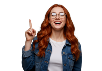 Cheerful caucasian woman with ginger hair pointing up, having a moment of inspiration and a great idea.