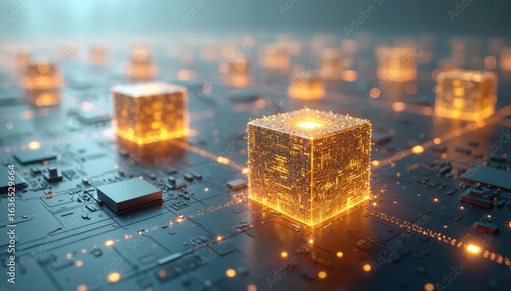 Poster futuristic digital metaverse with interconnected glowing orange cubes, blocks. seamless communicatio