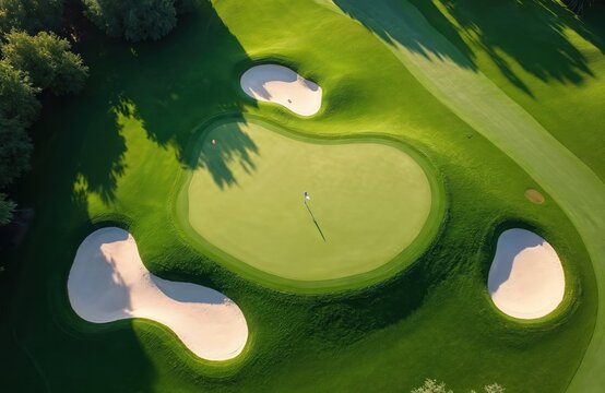 Aerial view of golf course featuring manicured green with sand traps, rich trees. Overhead perspective highlights vibrant green grass, shadows cast by trees, creating serene landscape for outdoor
