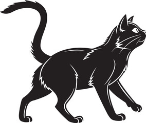 Black cat walking with tail up stylized illustration