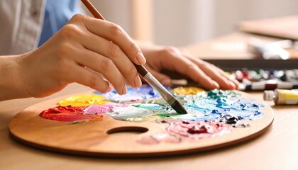 Fototapeta premium Hand with Paintbrush Mixing Paint on Palette