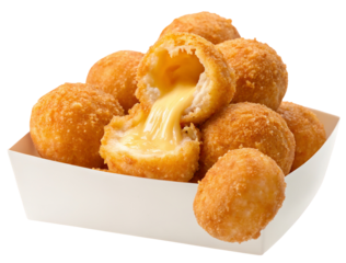 Delicious golden fried cheese balls with melting cheesy center in white paper tray for tasty snack