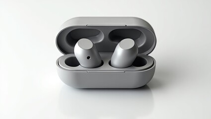 Gray wireless earbuds in charging case.