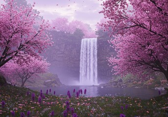 Naklejka premium Pink Cherry Blossom Waterfall, Spring Fantasy Landscape