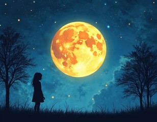 Girl silhouette stands under large glowing moon and starry sky with silhouette trees. Dreamy night landscape offers copy space for commercial use and evokes serene, peaceful, romantic ambience.