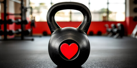 The kettlebell with a heart symbol in a modern gym setting
